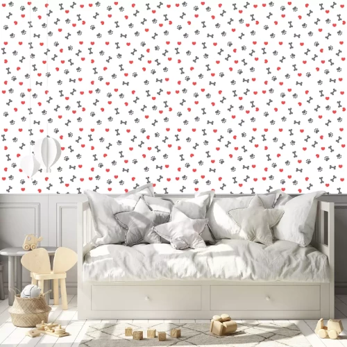 Behang Grijze botten pootafdru en rode hartjes