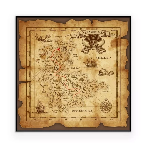 Poster Piratenkaart met een kompasroos die naar de schat leidt