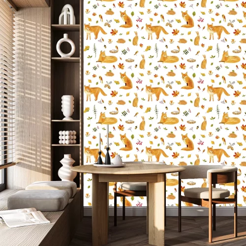 Behang Herfstcollage met vosjes vogels egels en planten