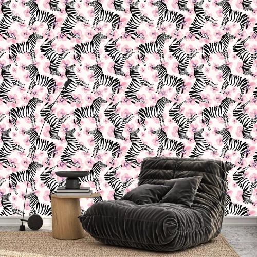 Behang Zebras op de roze bloemen achtergrond. Vector naadloos patroon met gestreepte safari dier.