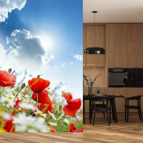 Fotobehang Rode bloemen en wolken