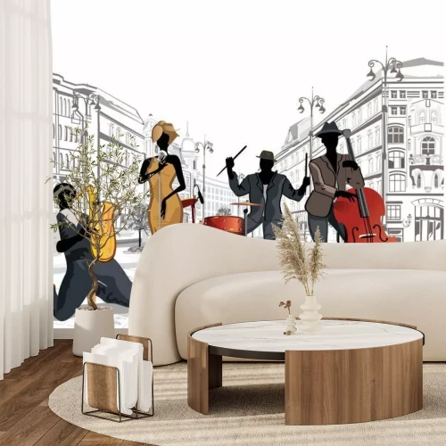 Sticker Serie van de straten met muzikanten in de oude stad.