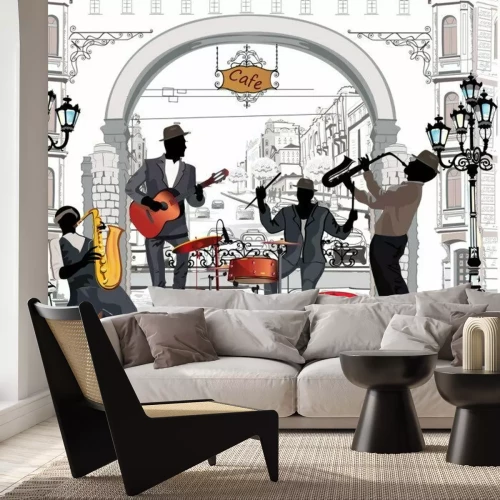 Sticker Serie van de straten met muzikanten in de oude stad.