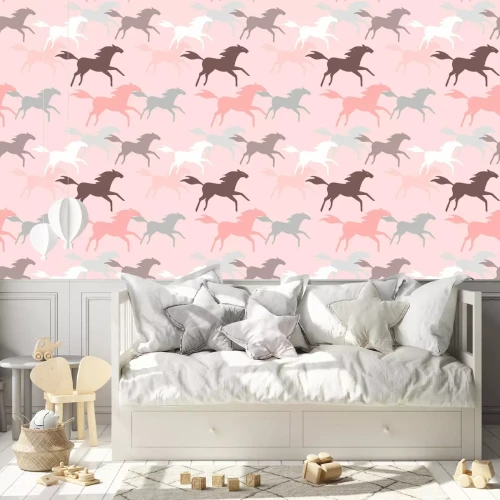 Behang Paarden voor een meisje in roze tinten