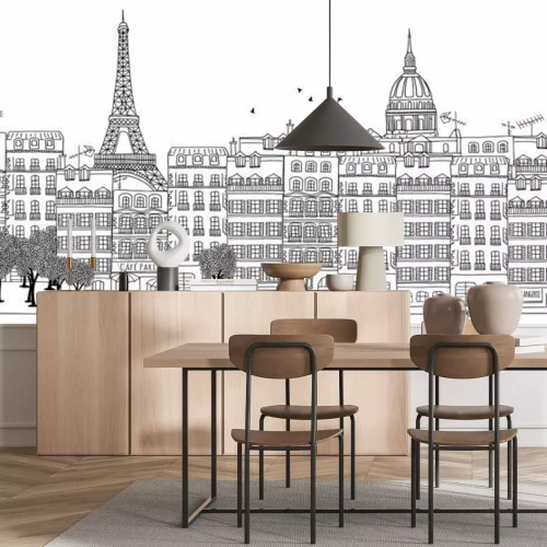 Sticker Naadloze banner van de skyline van Parijs, getrokken hand zwart-witte illustratie