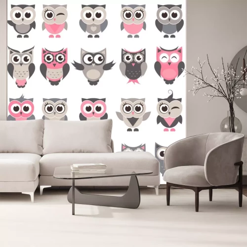 Sticker Grijze en roze uilen