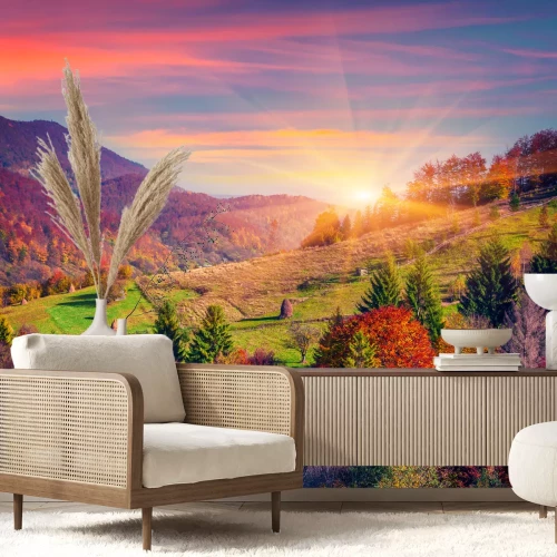 Fotobehang Zonsopgang en bomen in de herfst