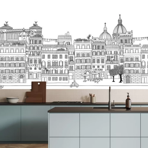 Sticker Naadloze banner van de skyline van Rome, getrokken hand zwart-witte illustratie