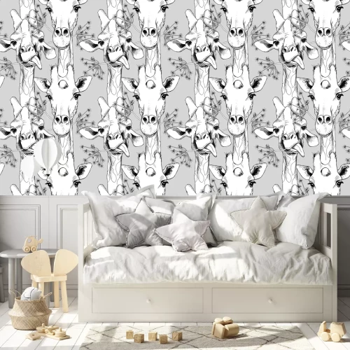 Behang Zwart-wit schattige giraffen op een grijze achtergrond
