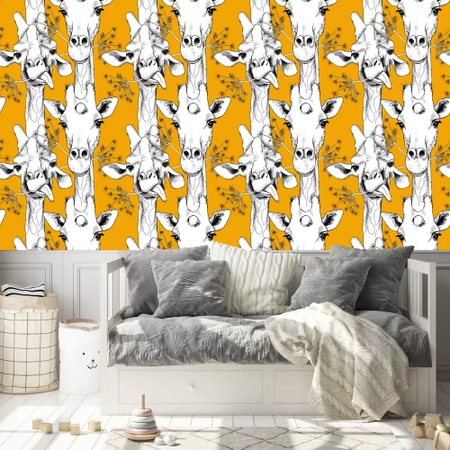 Behang Zwart-witte giraffen op een gele achtergrond