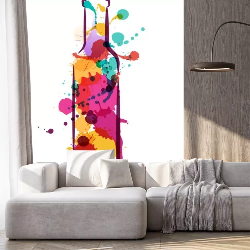 Sticker Vector aquarel illustratie van kleurrijke fles wijn en met de hand getekende letters. Abstracte aquarel achtergrond. Ontwerp concept voor wijnetiket, wijn lijst, menu, partij affiche, alcohol drinken.