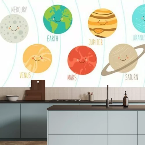 Fotobehang Leuke glimlachende stripfiguren van de planeten van het zonnestelsel, kan worden gebruikt voor kinderen onderwijs als kaarten, boeken, banners. kinderachtig achtergrond