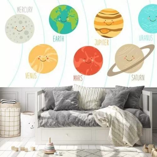 Fotobehang Leuke glimlachende stripfiguren van de planeten van het zonnestelsel, kan worden gebruikt voor kinderen onderwijs als kaarten, boeken, banners. kinderachtig achtergrond