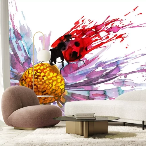 Sticker Aquarel lieveheersbeestje op paarse bloem