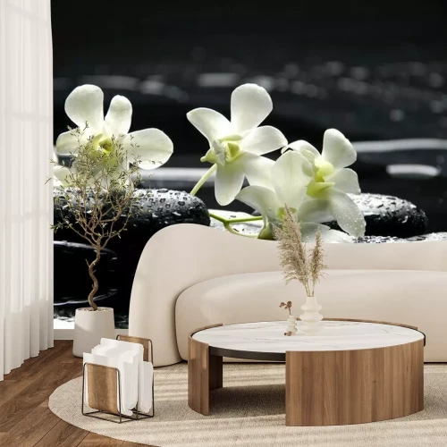 Sticker Zen stenen en witte orchideeën met reflectie