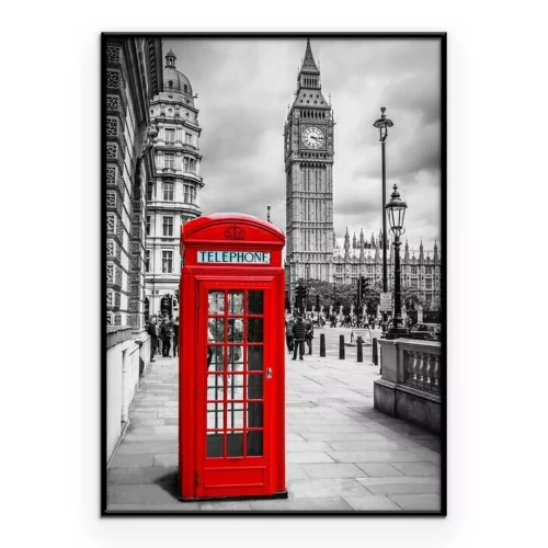 Poster Een rode telefooncel tegen een zwart-witte achtergrond van Londen