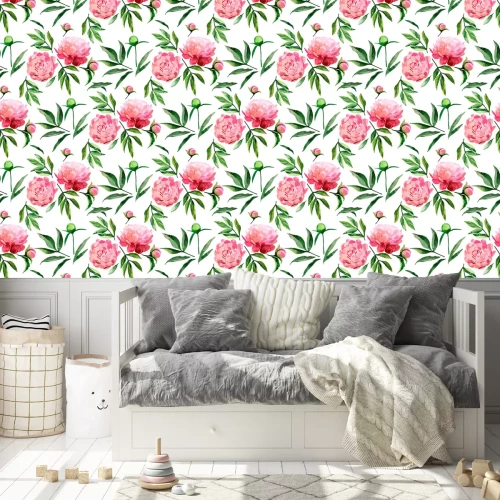 Behang Pioenen met knoppen en groene blaadjes