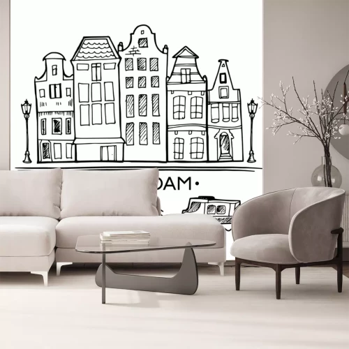 Sticker Achtergrond met de hand getekende doodle Amsterdam huizen. Geïsoleerd zwart en wit. Illustratie vector.