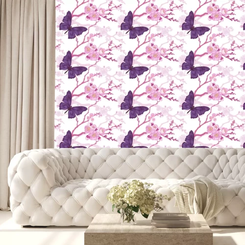 Behang Vlinder aan een roze bloem met takjes