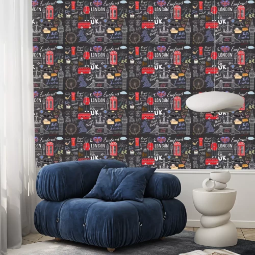 Behang De stad van Londen doodles elementen collectie. Hand getrokken set met, de Tower Bridge, de kroon, de big ben, koninklijke wacht, rode bus, UK kaart en vlag, theepot, belettering, vector illustratie o