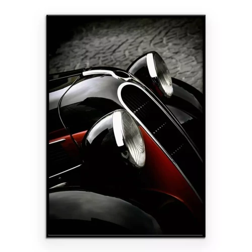 Poster Close-up van de koplampen van een zwarte retro auto