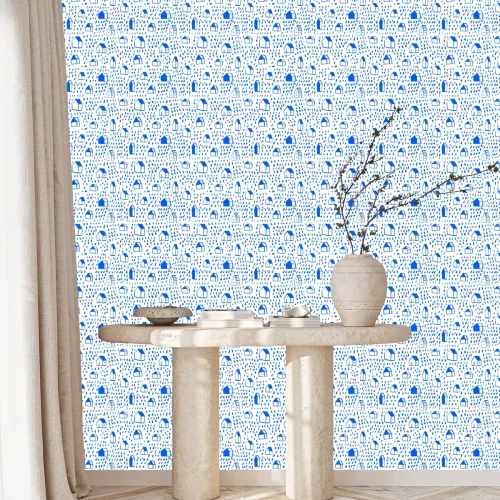 Behang Scandinavische huizen en stippen in blauw