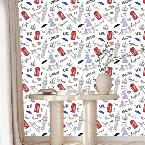 Behang De stad van Londen doodles elementen naadloos patroon. met de hand getekende toren brug, kroon, de big ben, rode bus, Britse vlag, en belettering, vector illustratie geïsoleerde