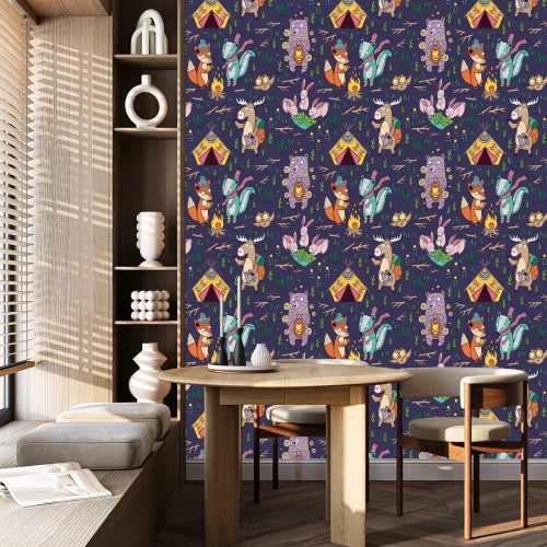 Behang Hand getrokken camping naadloze patroon met stripfiguren