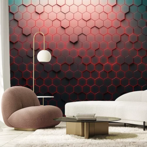 Fotobehang Abstracte 3D zwarte en rode honingraat