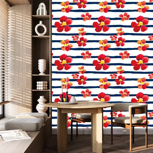 Behang Heldere rode Oost-Indische kers op de gestreepte nautische achtergrond. Watercolor naadloos patroon met grote bloemen.