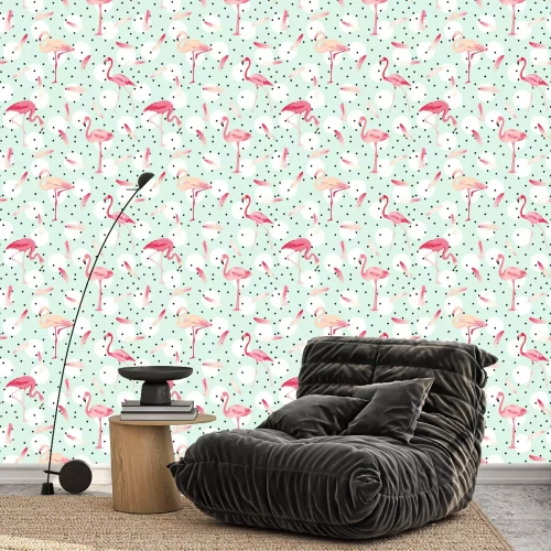 Behang Polka dot flamingo vogels