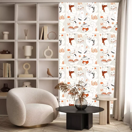 Behang Leuke Vossen set, doodle schets collectie, grappige cartoon dieren in caps, truien en scarfs.Little Fox omarmt uil. Het ontwerp van Kerstmis, winter pattern.Hand getrokken vector illustratie, decorati