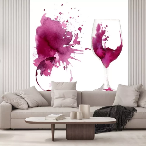 Sticker Wijn glas geschilderd met aquarellen op witte achtergrond. Studie van een glas wijn. Rode wijn. Abstracte vlekken en vlekken op het glas. Marsala kleur