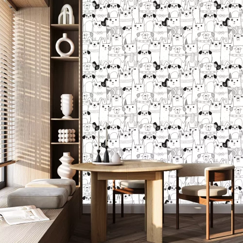 Behang Monochroom geschilderde hondjes
