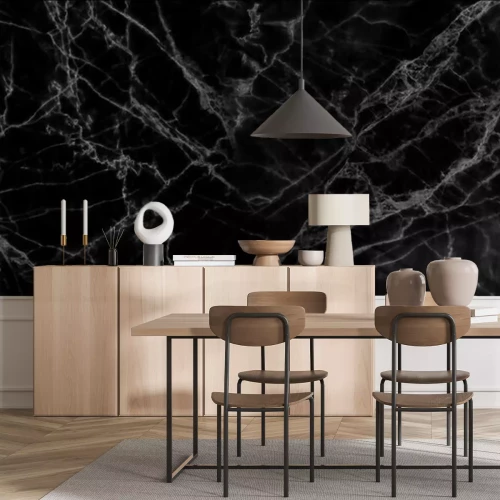 Fotobehang Grijze lijnen op zwart marmer