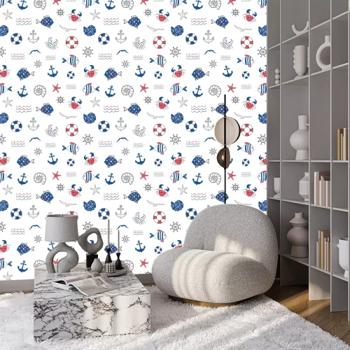 Behang Sea vibes golven wielen visankers en rivierkreeften