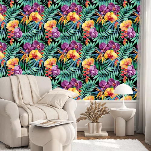 Behang Waterverf het tropische bladeren en bloemen naadloos patroon.