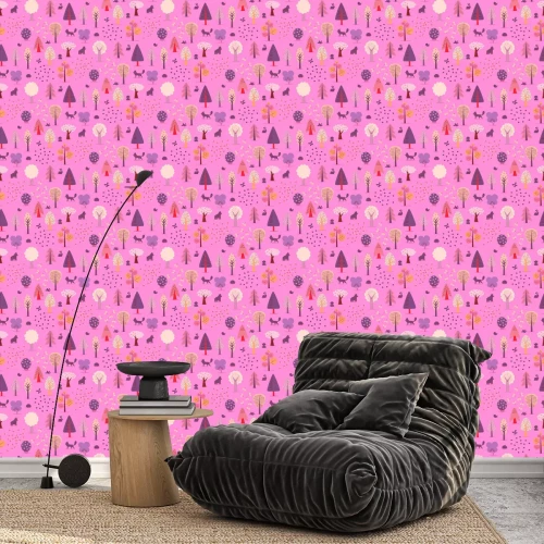 Behang De vector geïllustreerde naadloze patroon van de flat bos elementen - diverse bomen, wilde dieren en zaden.