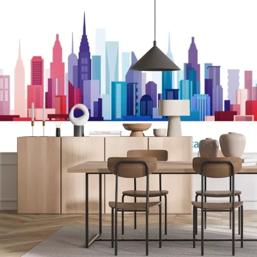 Sticker Kleurrijke gebouw en City, Urban stadsgezicht, abstract scène van de stad, Twilight in de stad