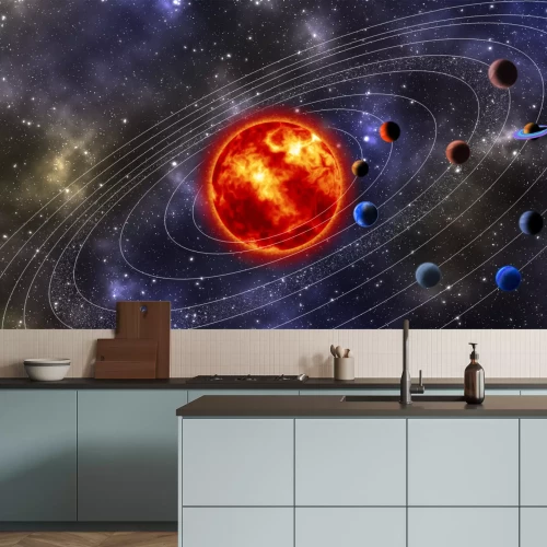Fotobehang De oranje zon, planeten en banen