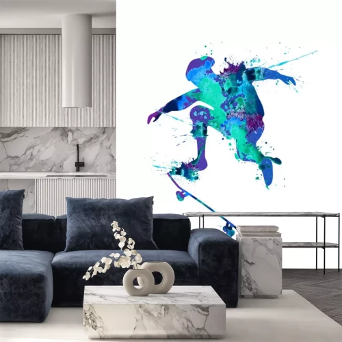 Sticker Skateboarder. Blauwe verfplons