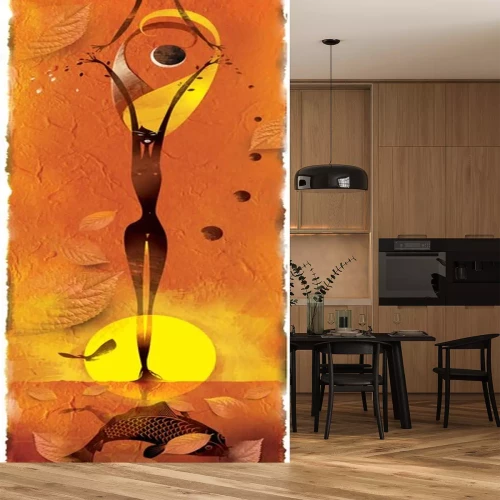 Sticker meisje met bladeren staan ​​in de vijver in de zon