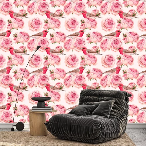 Behang Vogels te midden van romantische grafische rozenblaadjes