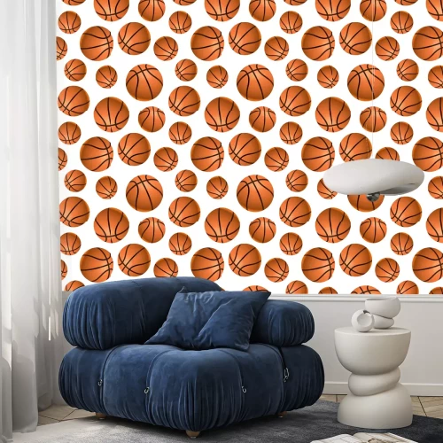Behang Veel realistische basketbal ballen op wit, naadloos patroon
