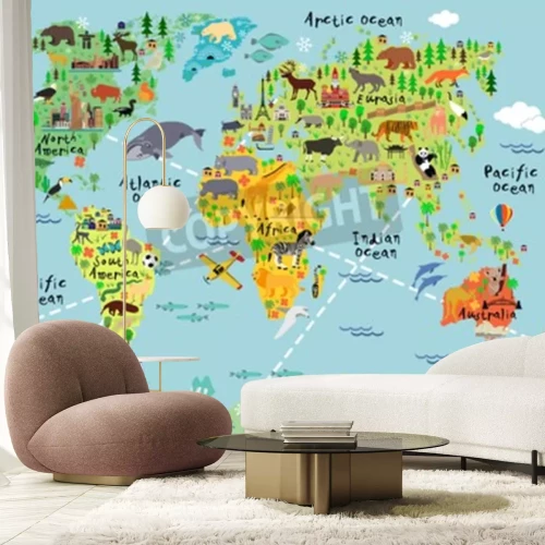 Fotobehang Wereldkaart voor kinderen met dieren