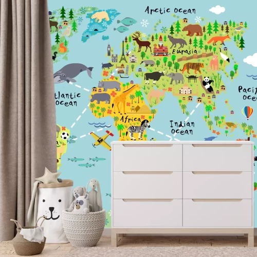 Fotobehang Wereldkaart voor kinderen met dieren