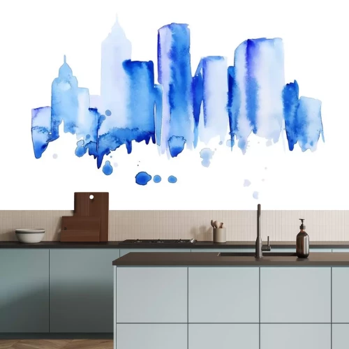 Sticker Blauwe gebouwen geschilderd met waterverf