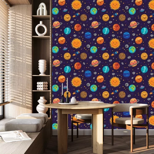 Behang Naadloze ruimte patroon achtergrond met planeten, sterren en kometen.