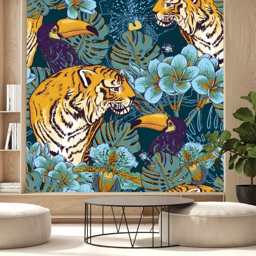 Fotobehang Tijger op tropische achtergrond