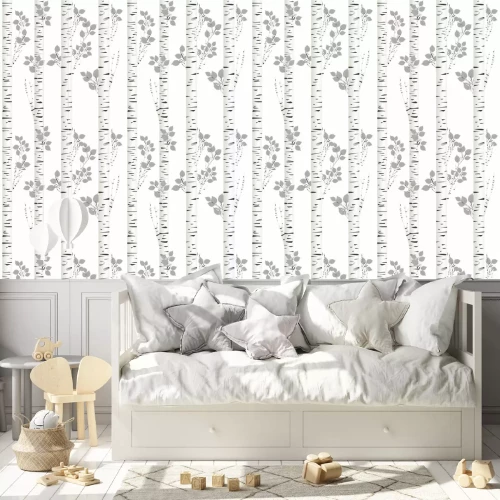 Behang Zwart-witte berken met kleine takjes